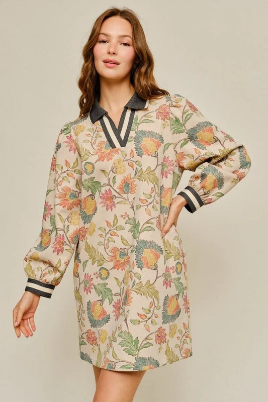 Oatmeal Floral Long Sleeve Mini Dress