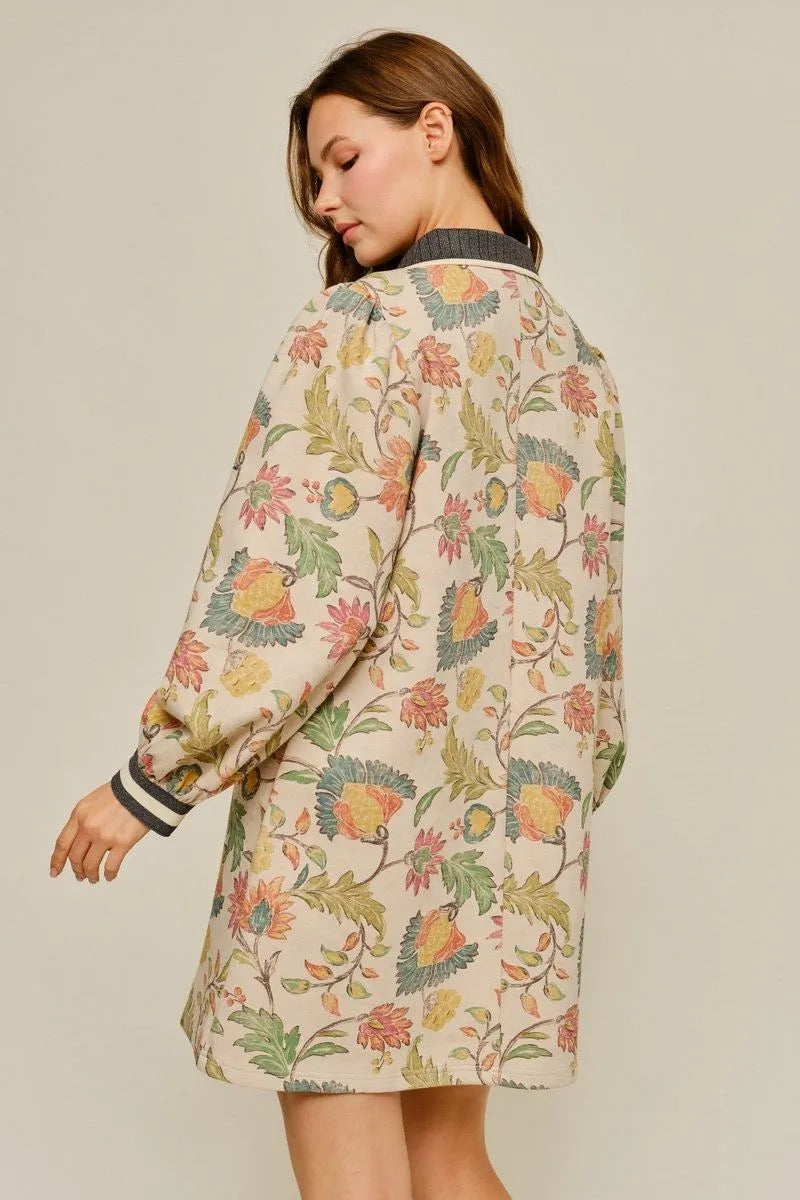 Oatmeal Floral Long Sleeve Mini Dress