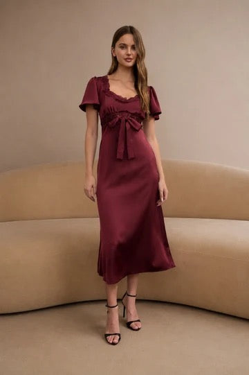 Lace Trim Puff Bell Sleeve Bow Tie Midi Dress -Burgundy