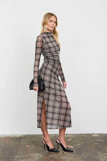 Plaid Mesh Ruched High Neck Long Sleeve Midi Dress- Brown