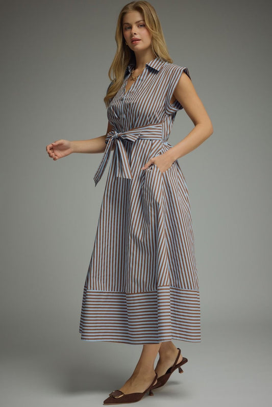 ENTRO Striped Belted Cap Sleeve Dress -Brown & Blue