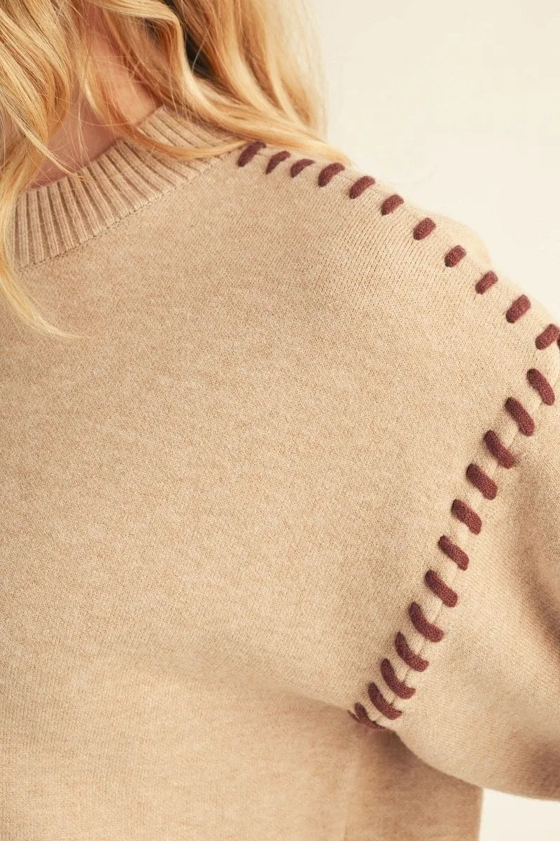 Sweater with Shoulder Stitch Accent - Oatmeal