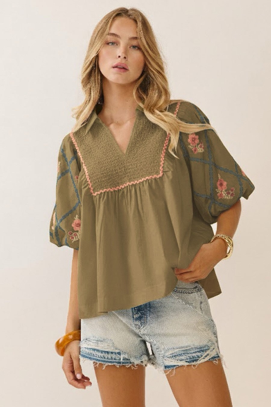 Olive Smocked Embroidered Puff Sleeve Top