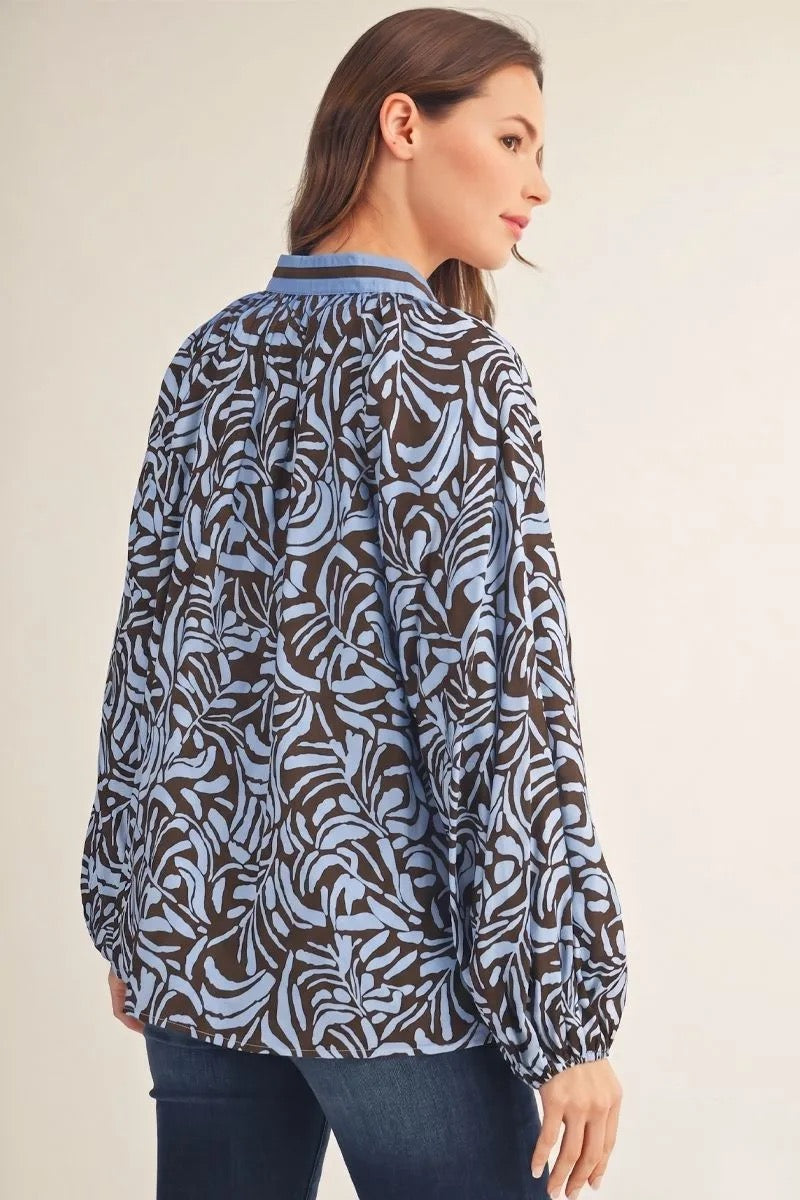 Brown & Blue V Neck Top
