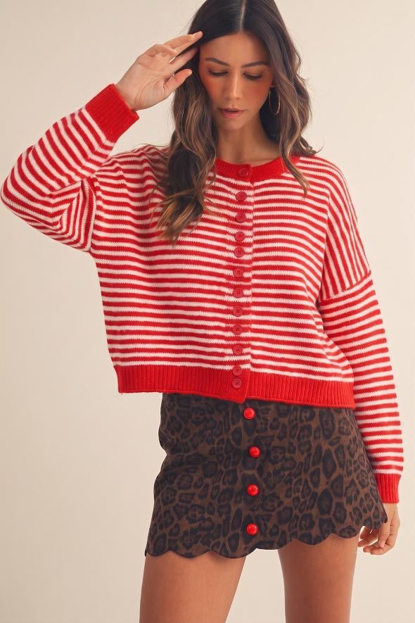 Red Striped Sweater Cardigan with Red Buttons