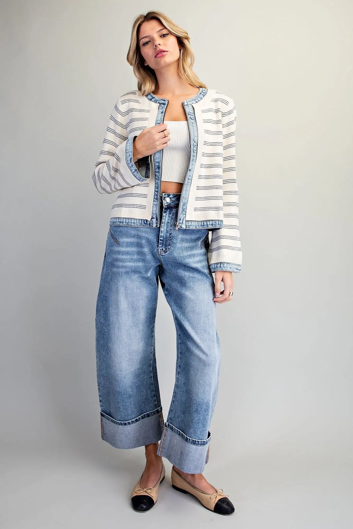 Denim Trim Striped Knit Zip Up Jacket - Off White