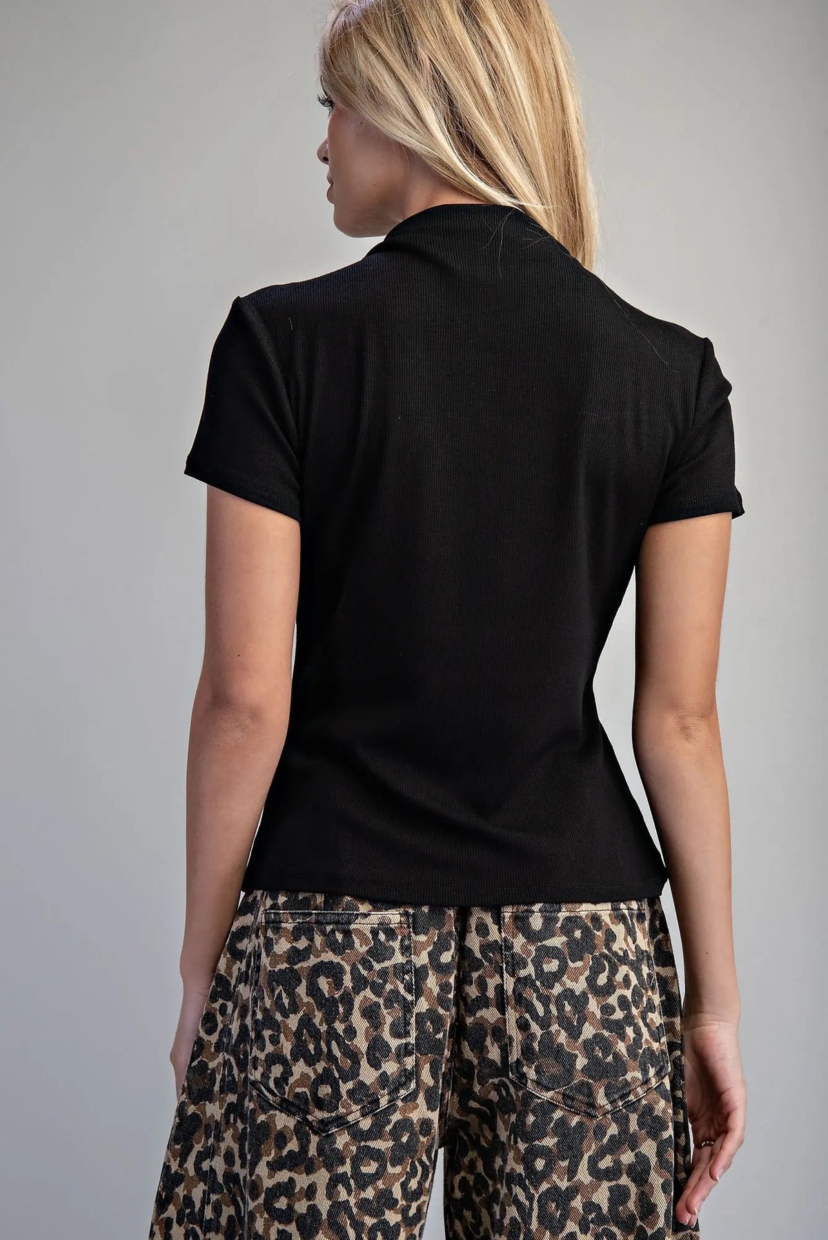 Mock Neck Short Sleeve Top -Black