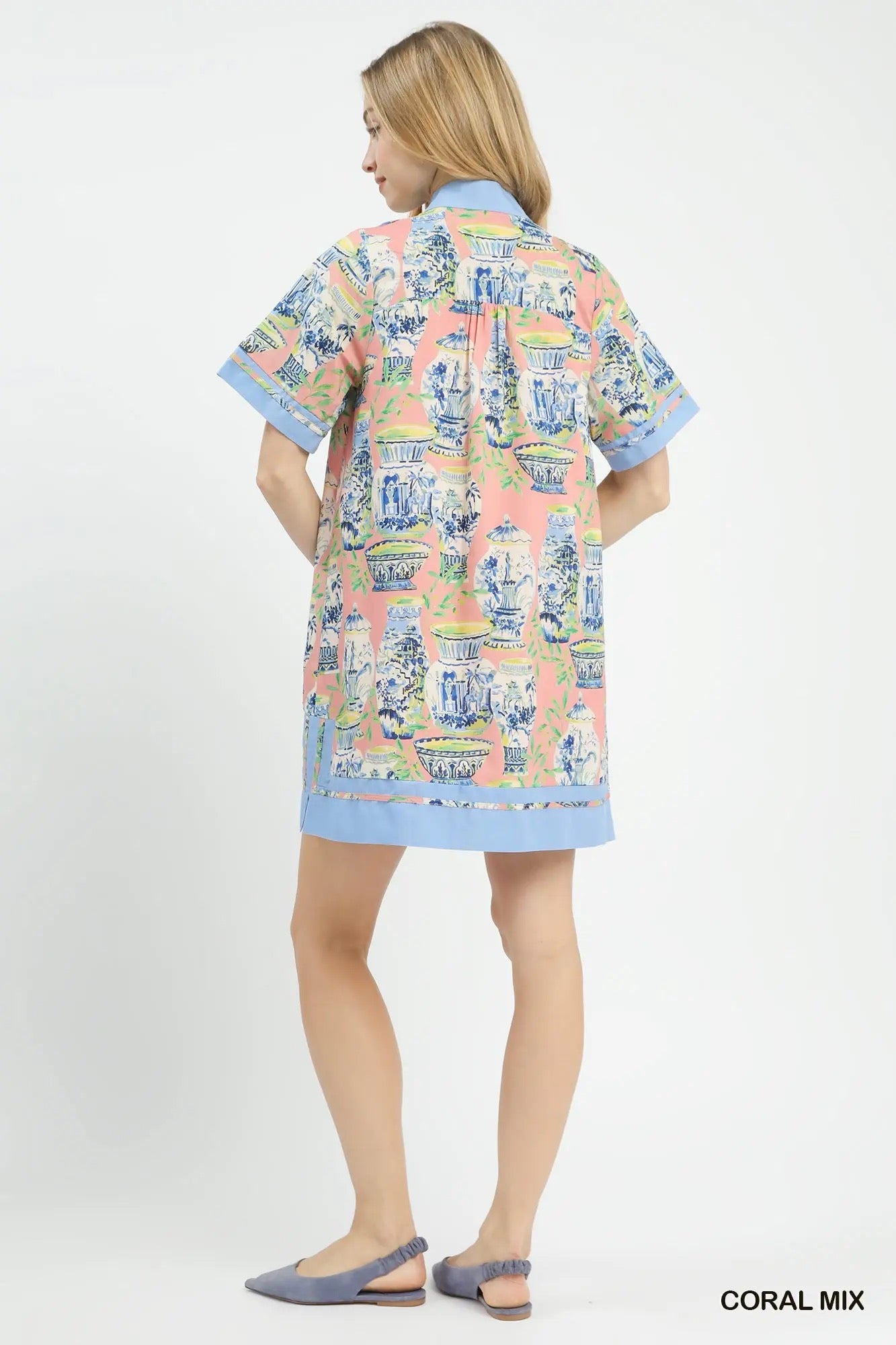 V-Neck Ginger Jar Print Mini Dress - Coral
