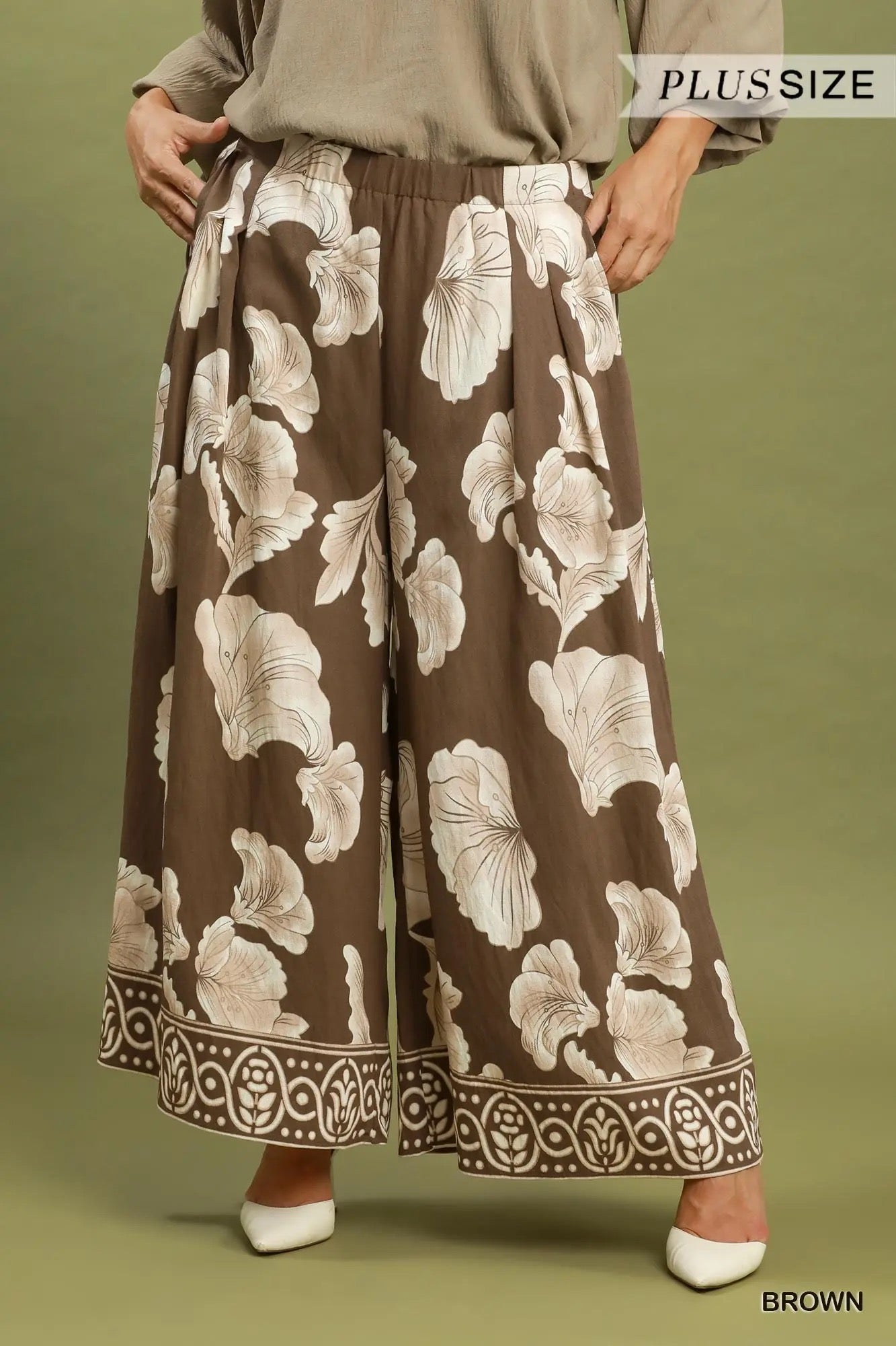 Brown Print Wide Leg Skirt Pants