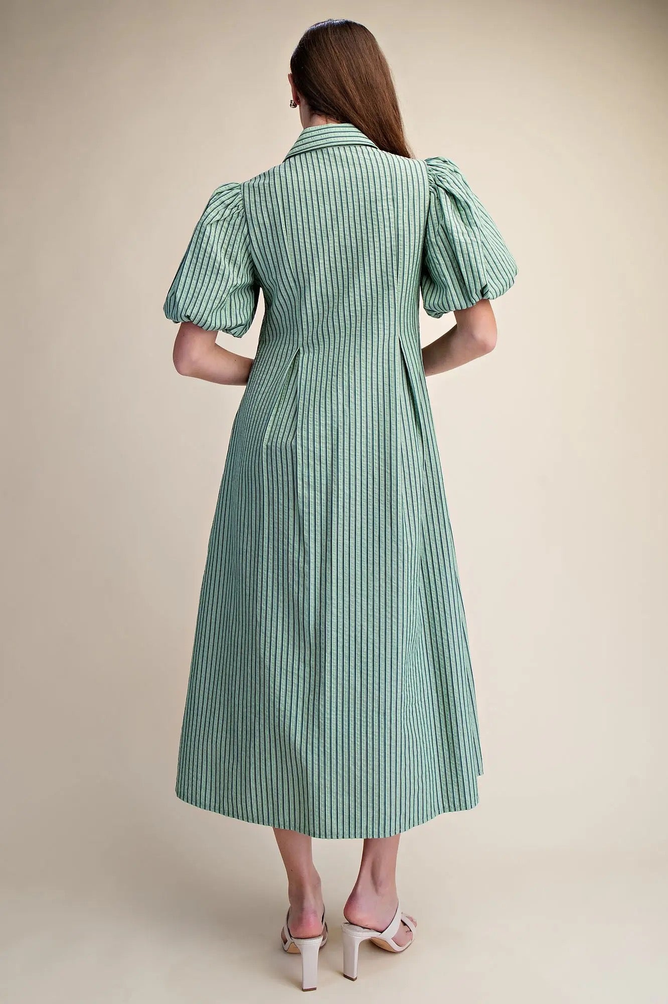 Puff Sleeve Stripe Pleated Midi Dress - Green