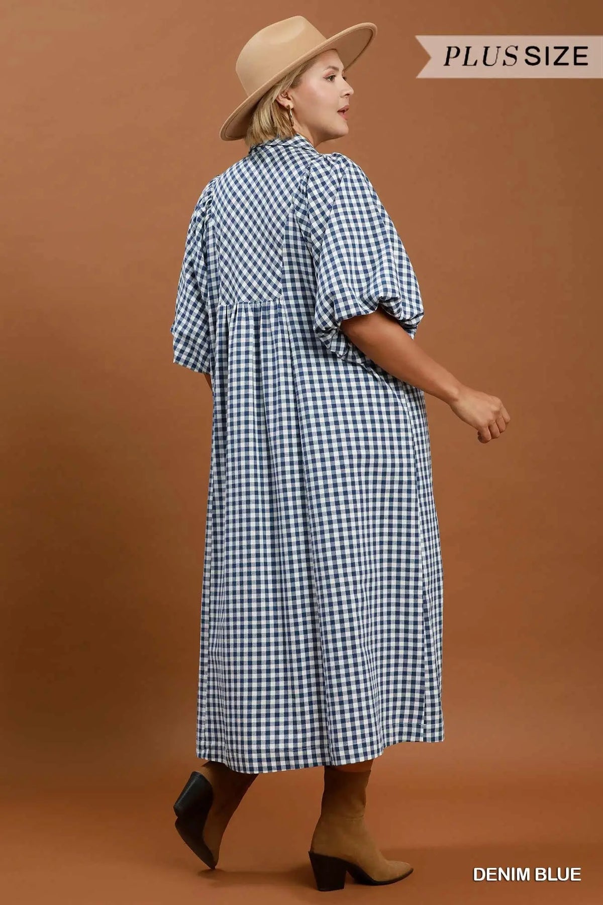 Plaid Denim Smocked Front Midi Dress - Denim Blue