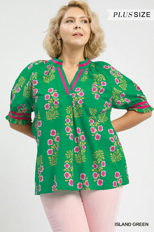 Island Green Clover Floral Collared Top