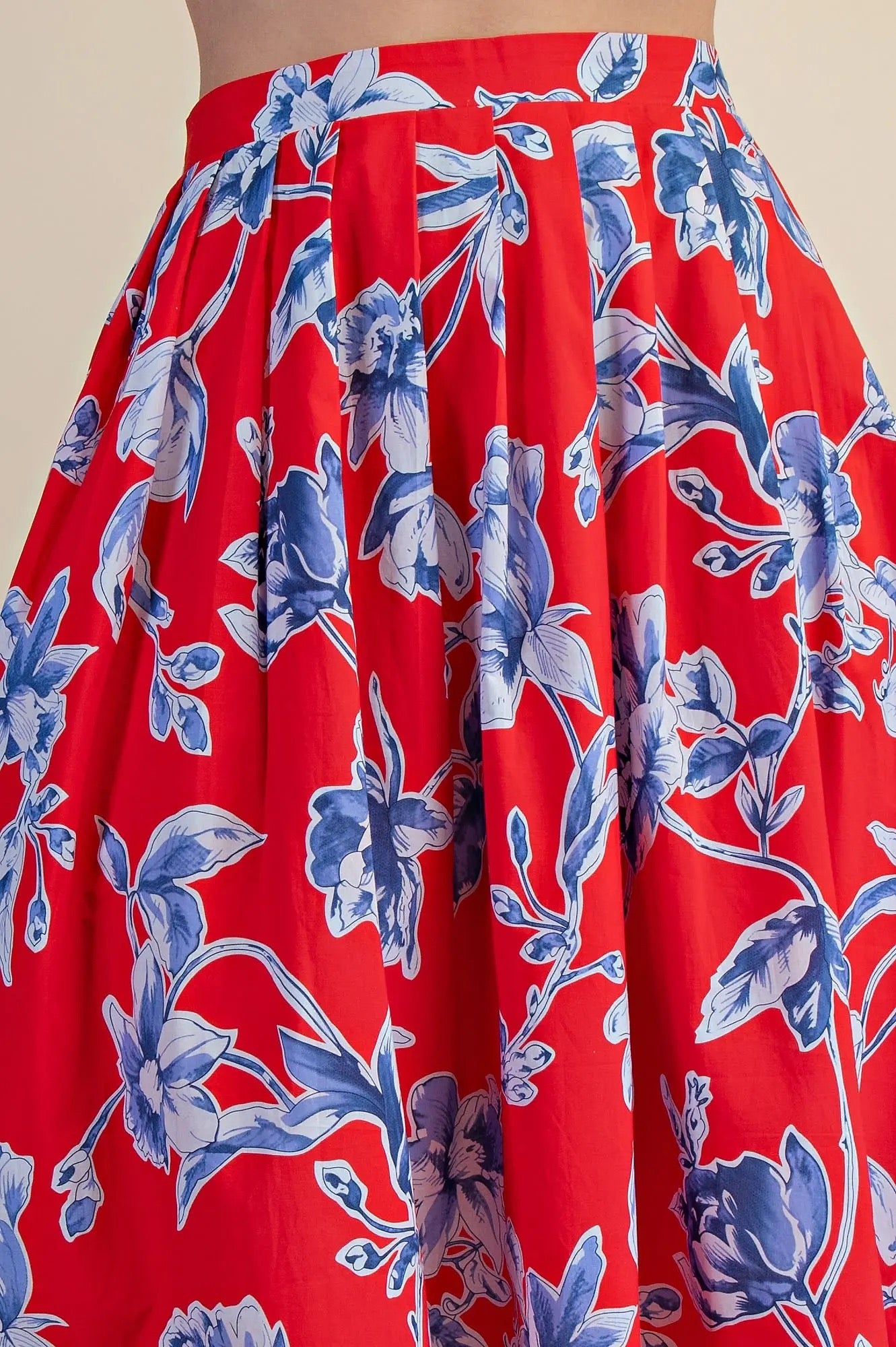 Red Floral A-Line Pleated Midi Skirt