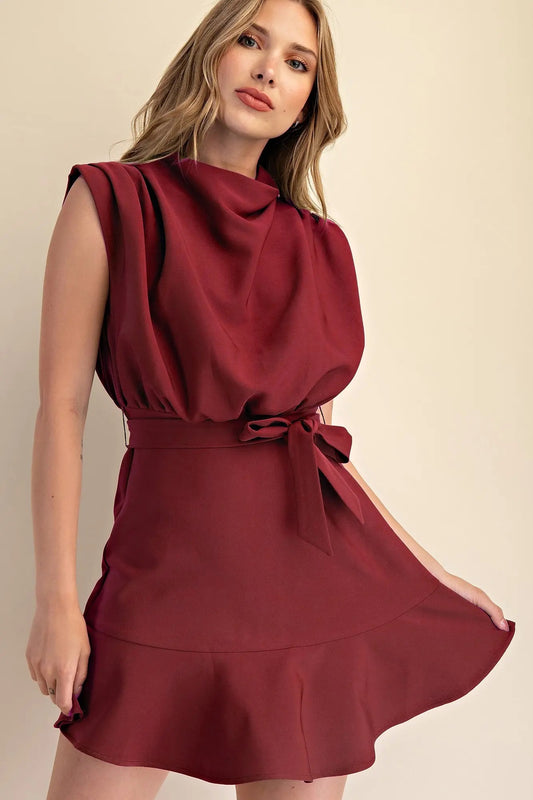 Burgundy Cowl Neck Sleeveless Waist Tie Mini Dress