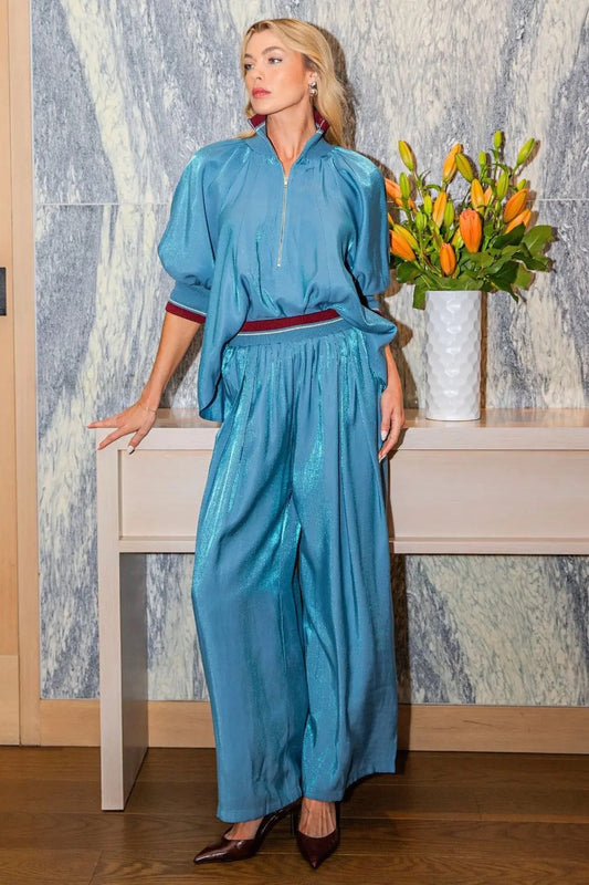 Mock Neck Puff Sleeve Top & Contrast & Rib Band Pant Set