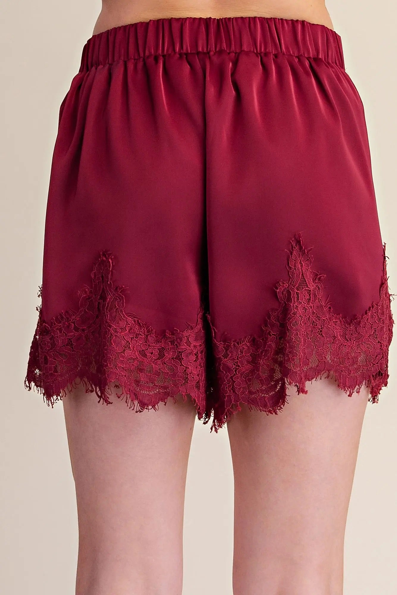 Satin Short With Lace Trim Detail - Burgandy