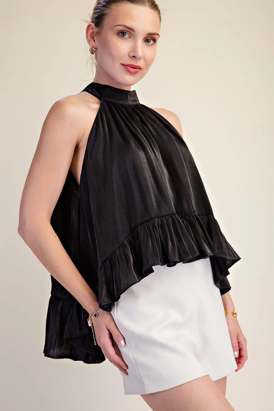 Black Ruffle Halter Top With Back Neck Tie