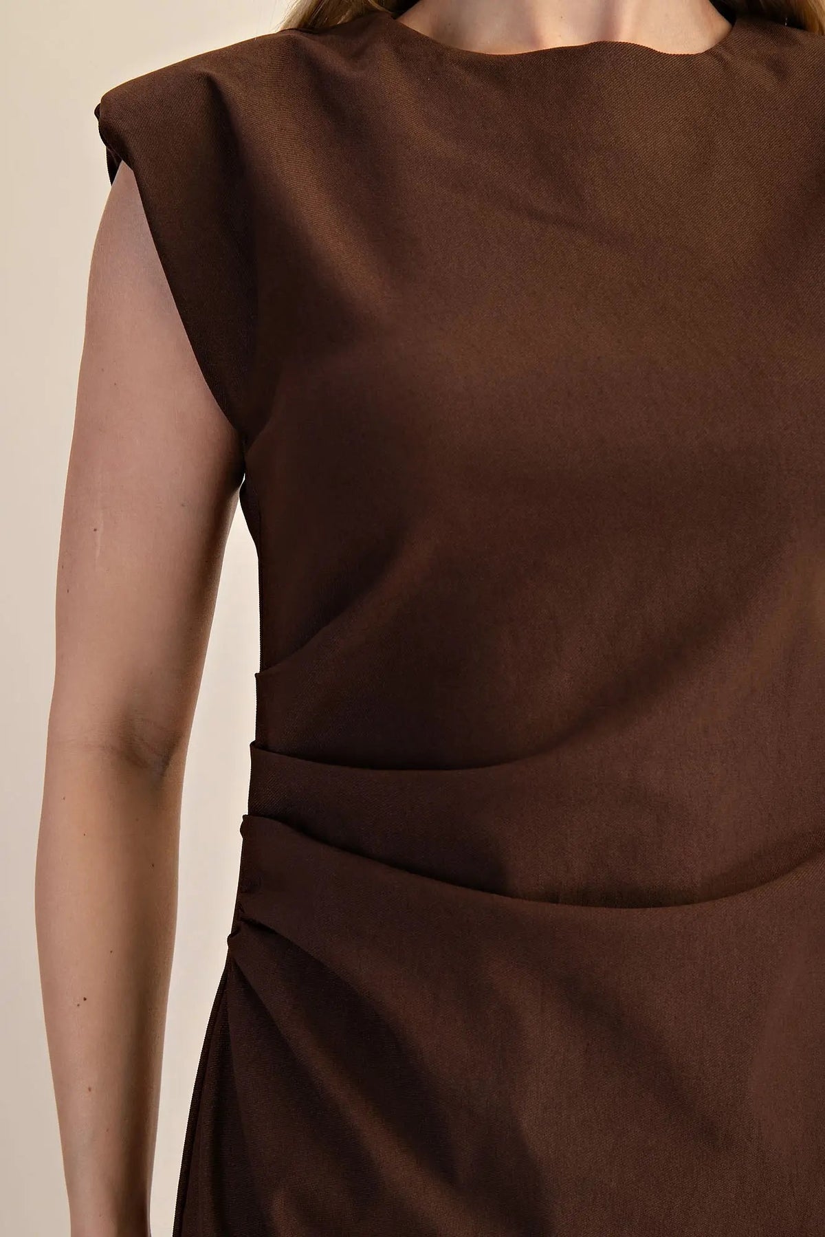 Shoulder Pad Sleeveless Midi Dress - Brown