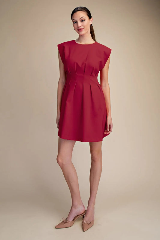Round Neck Pleated Waist Mini Dress - Burgandy