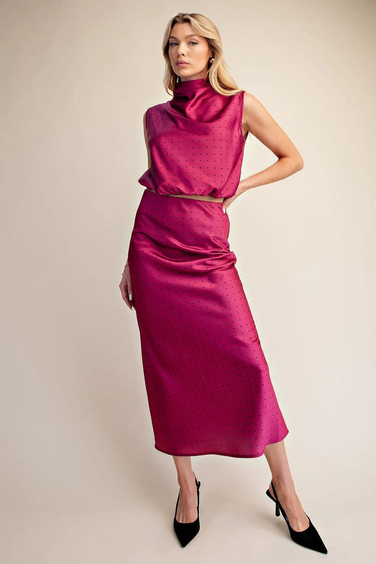 Magenta Mock Neck Satin Polka Dot Top