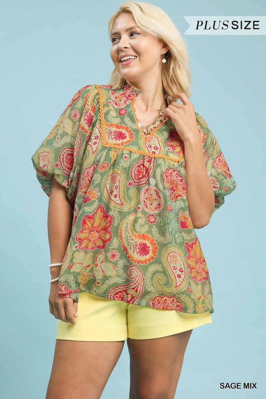 Sage Paisley Ruffled Top With Trim Details