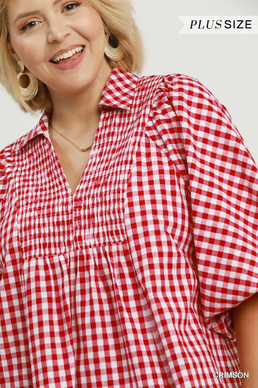 Gingham Smocked Front Top With Bubble Sleeve
