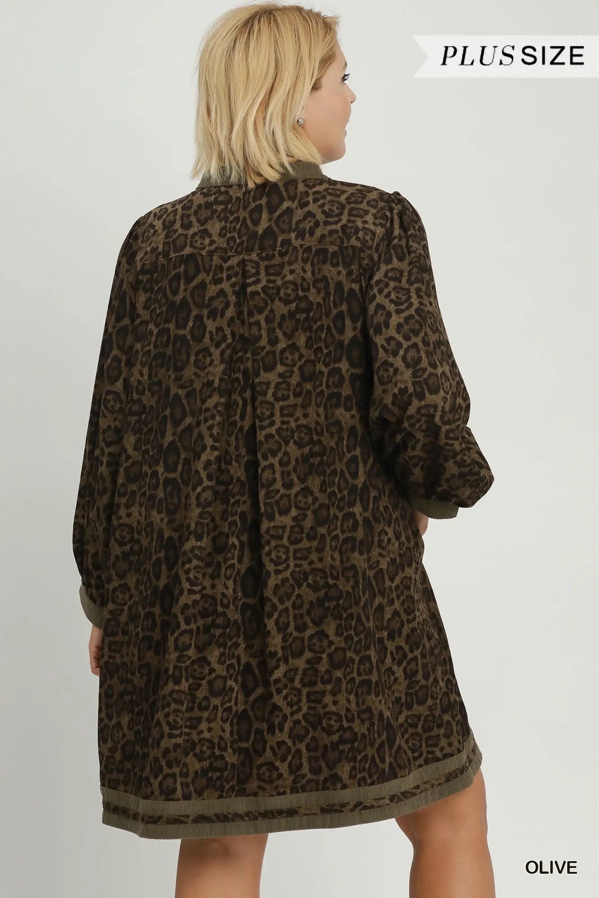 Leopard Print Contrast Trim Puff Sleeve Tunic Dress