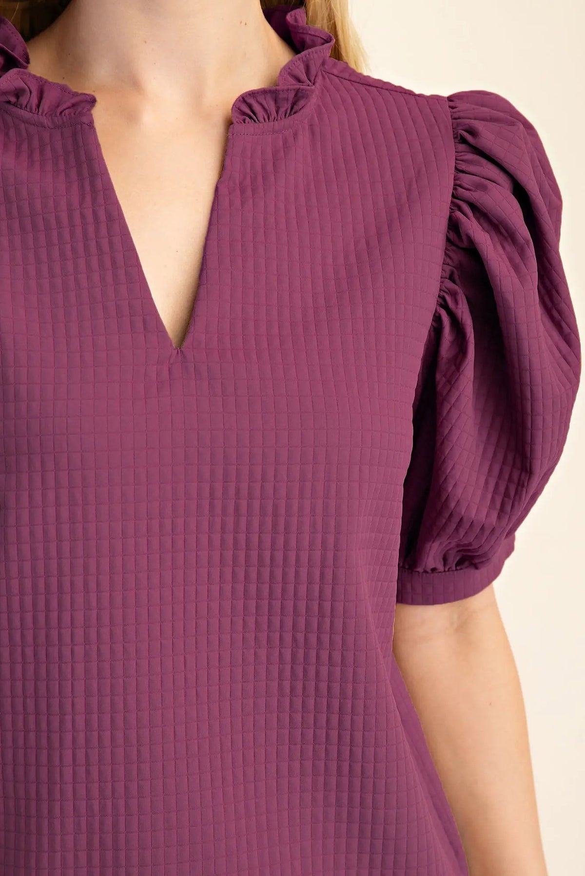 Puff Sleeve Ruffle V-Neck Textured Top -PLUM