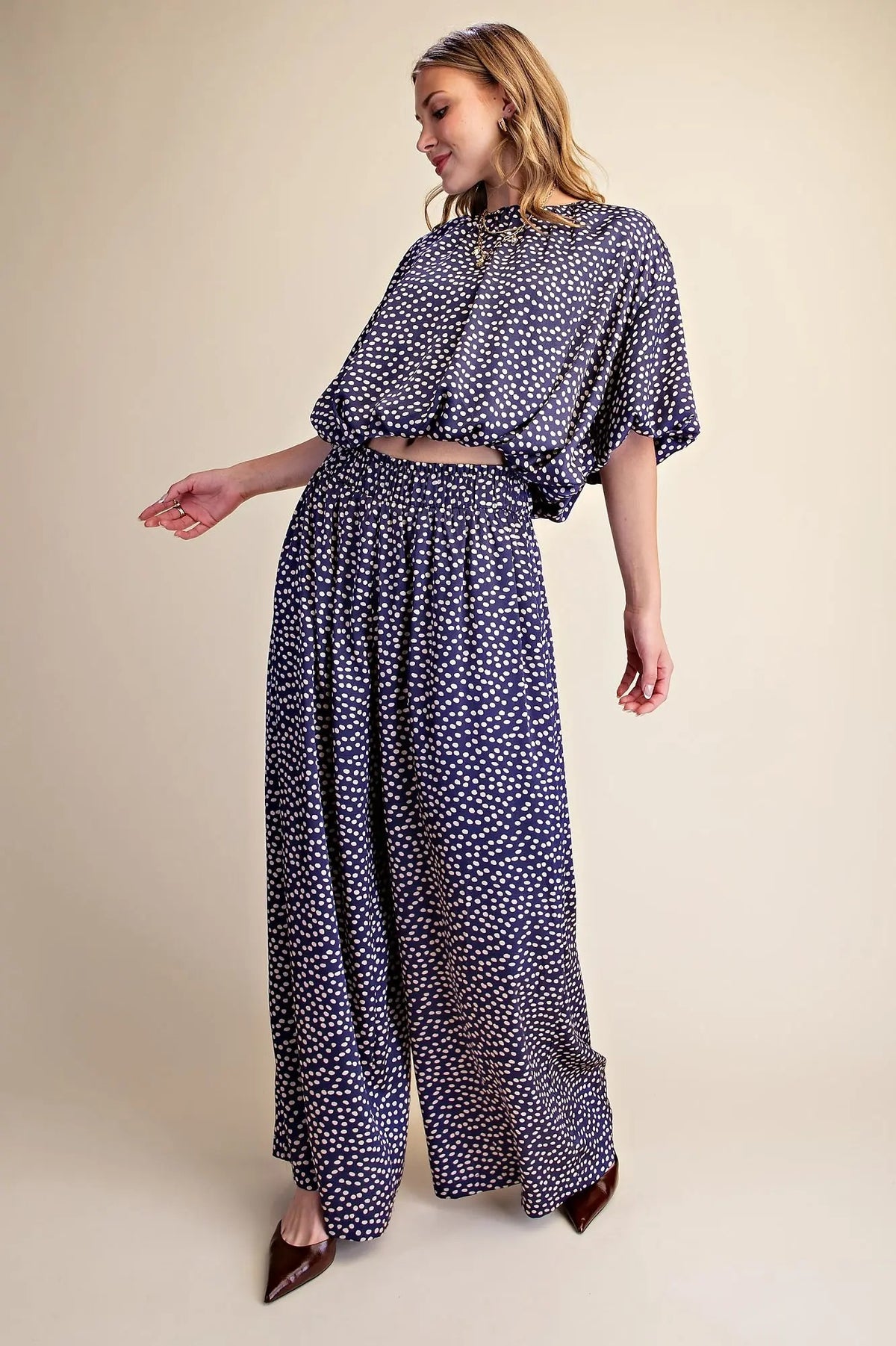 Crop Top Round Neck Balloon Sleeve Bubble Hem -Navy