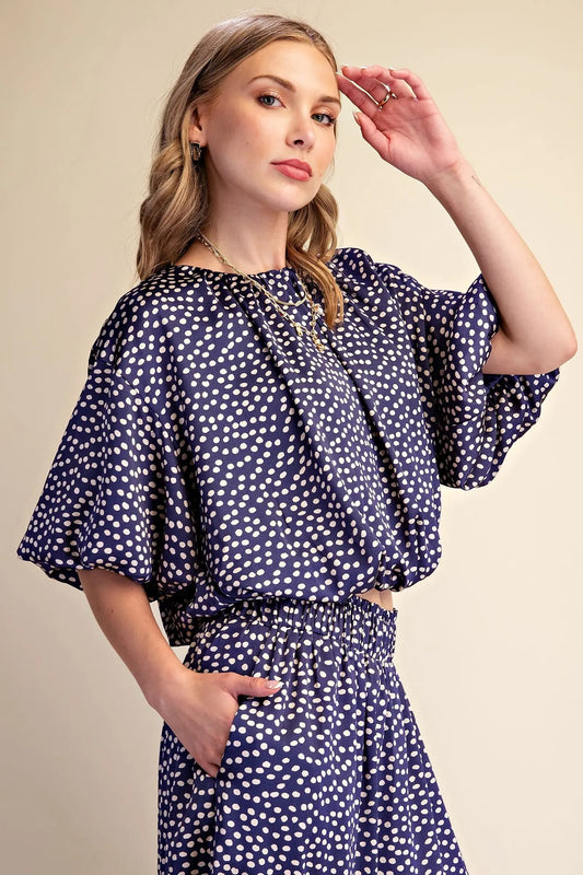 Crop Top Round Neck Balloon Sleeve Bubble Hem -Navy