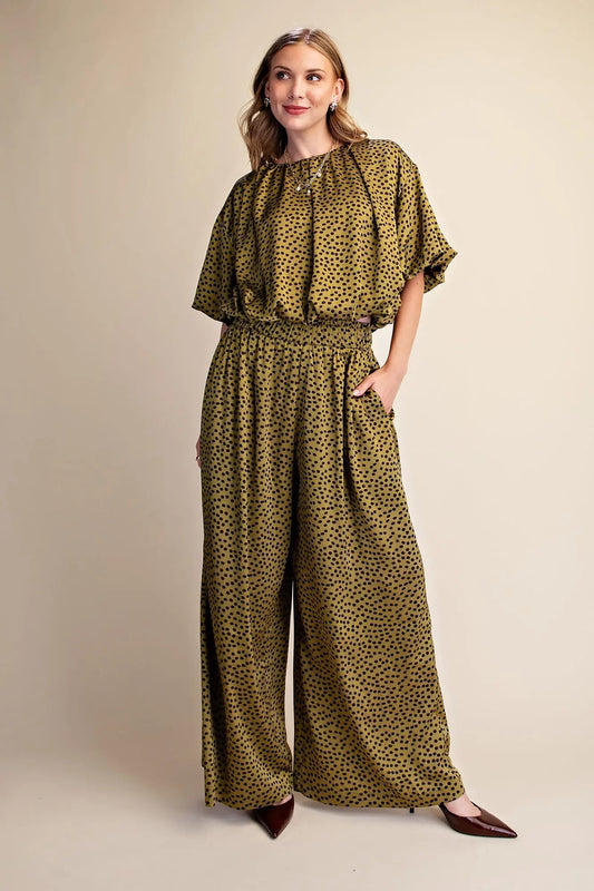 Crop Top Round Neck Balloon Sleeve Bubble Hem -Olive