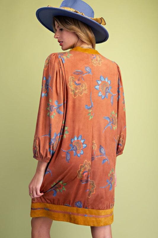 Flower Printed Suede Long Sleeve Khaki Dress