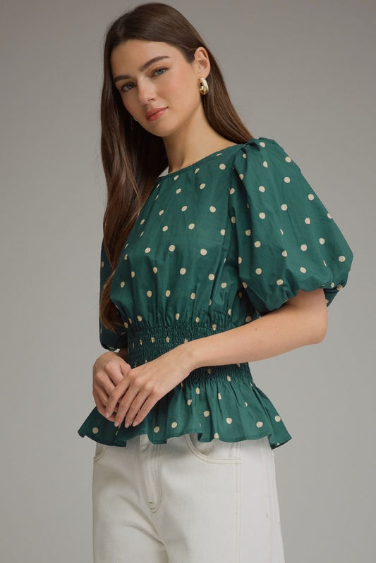 ENTRO Polka Dot Smocked Waist Peplum Top
