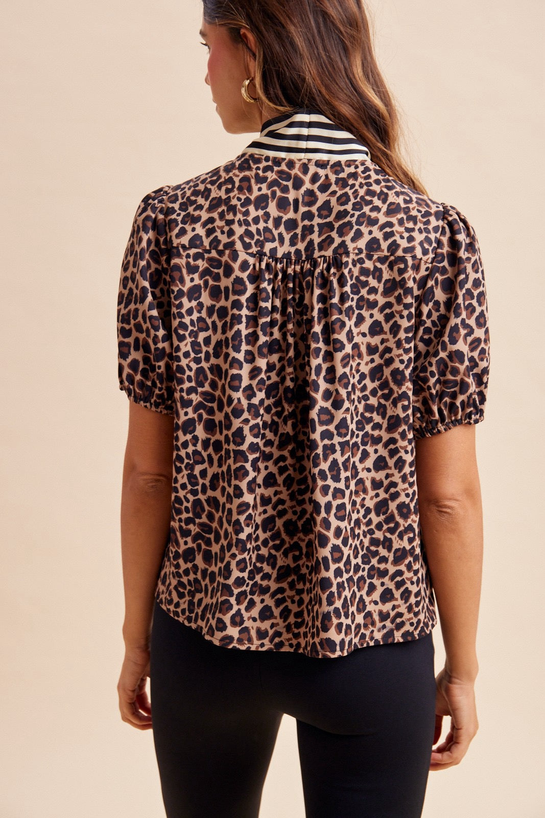 Leopard & Striped Scarf Neck Blouse