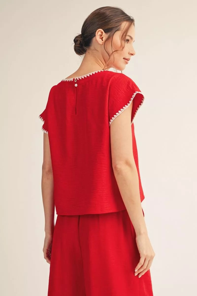 Red Pant Set With White Scallop Embroidery Trim