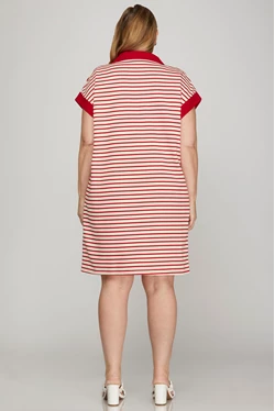 Half Zip Striped Knit Dress - Red