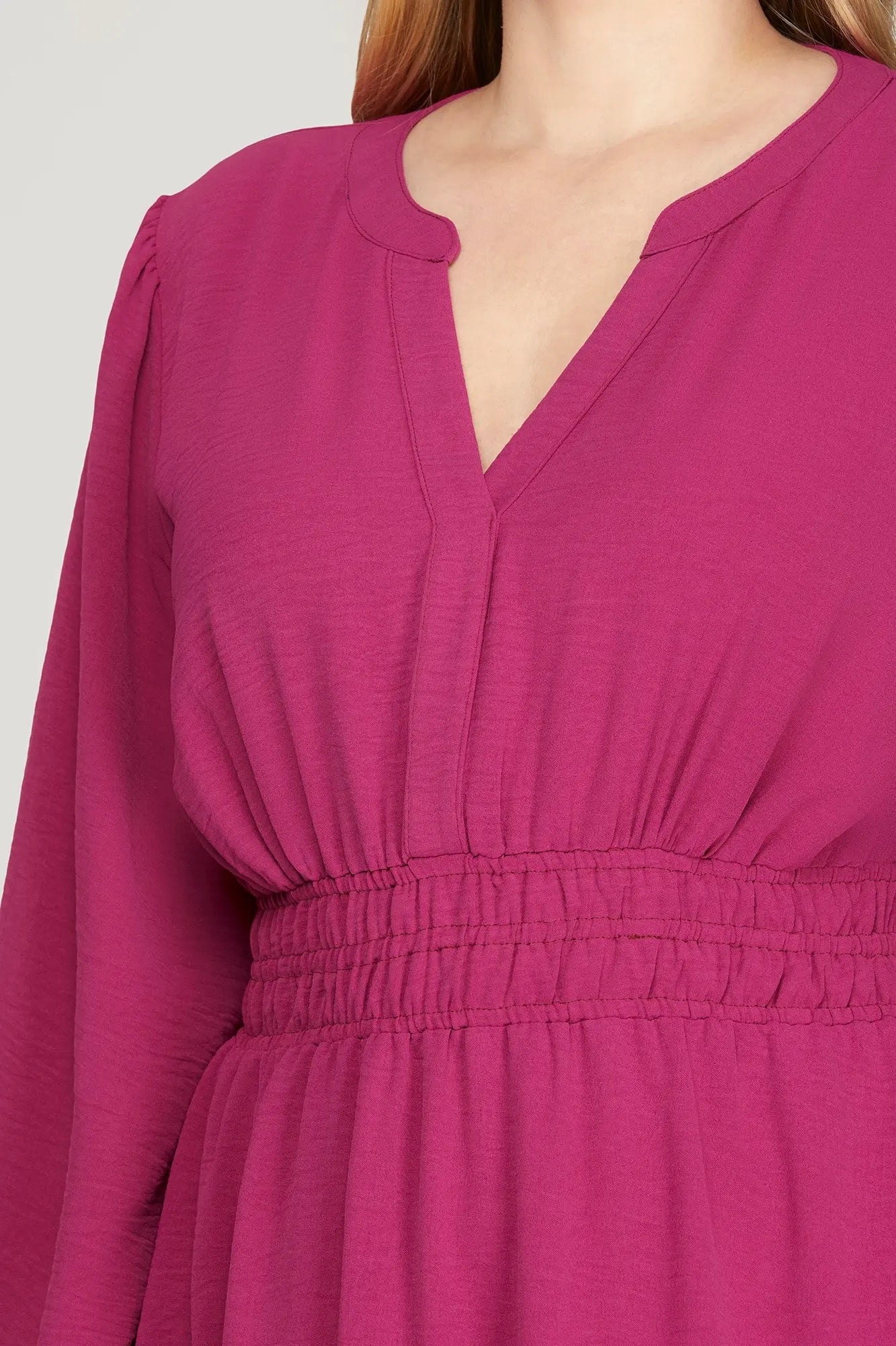Long Sleeve Elastic Waist Ruffle Hem Dress - Berry