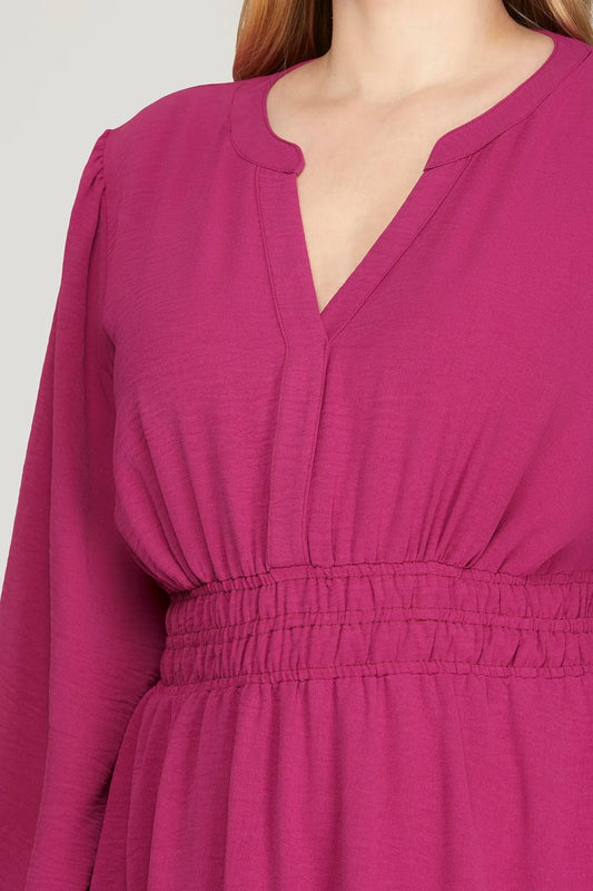 Long Sleeve Elastic Waist Ruffle Hem Dress - Berry