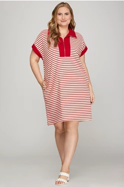 Half Zip Striped Knit Dress - Red
