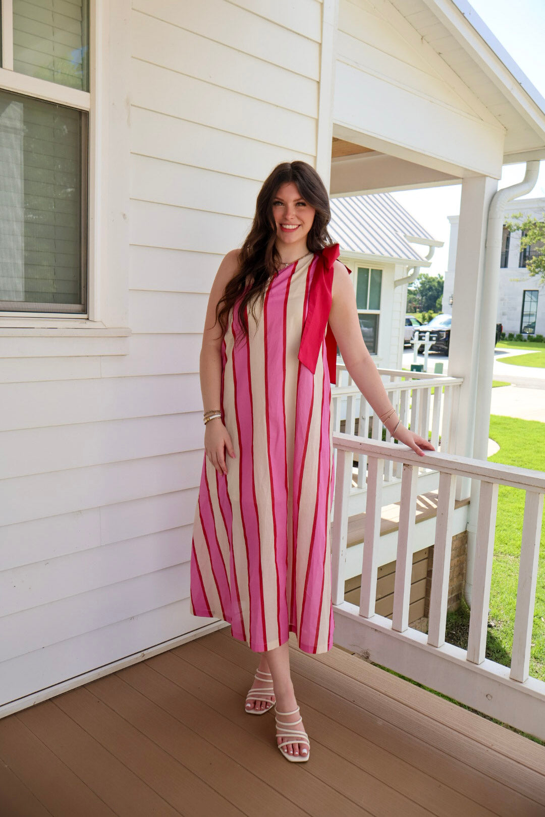 One Shoulder Striped Midi Dress - Pink/Cream