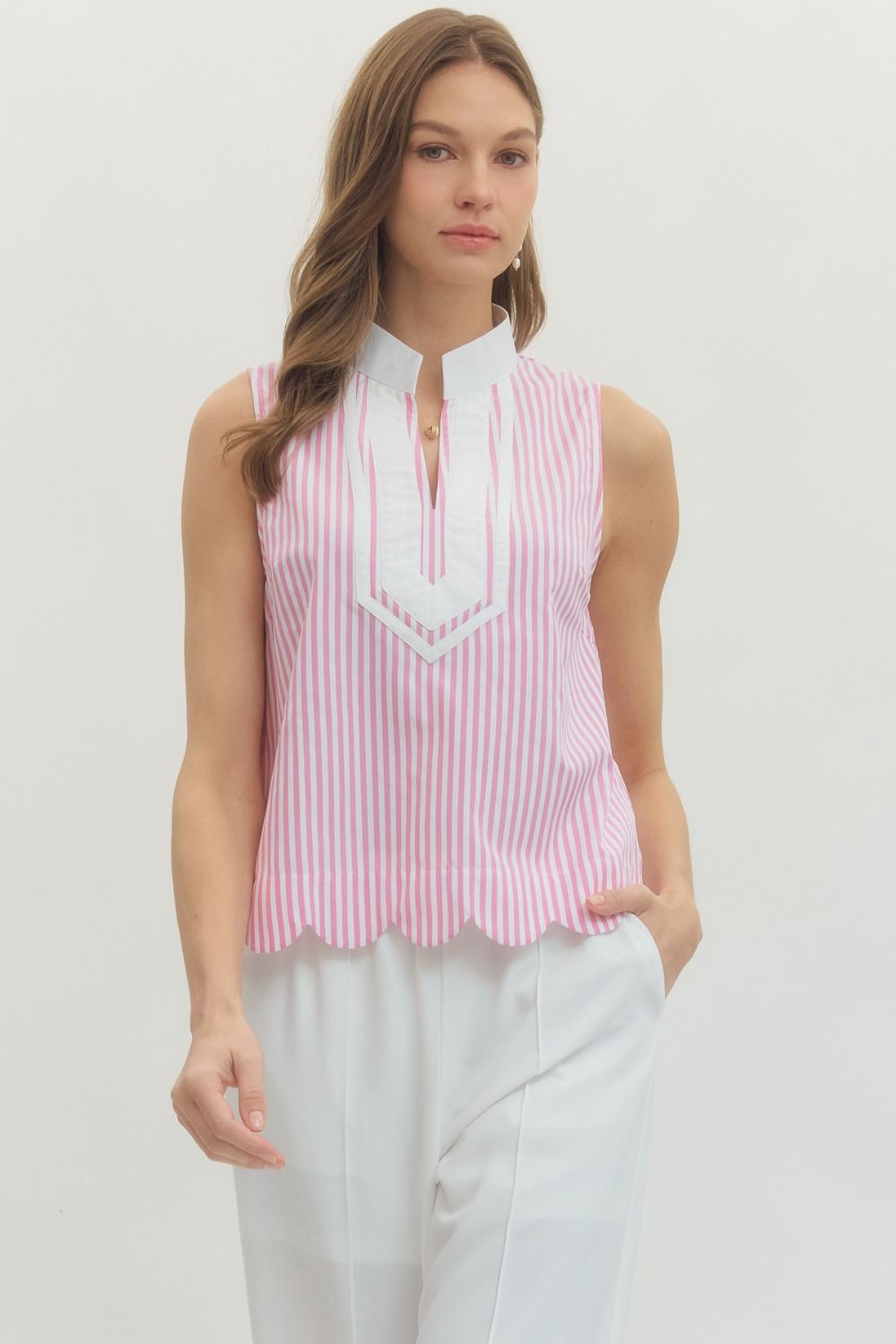 Pink Striped Sleeveless Collared Top