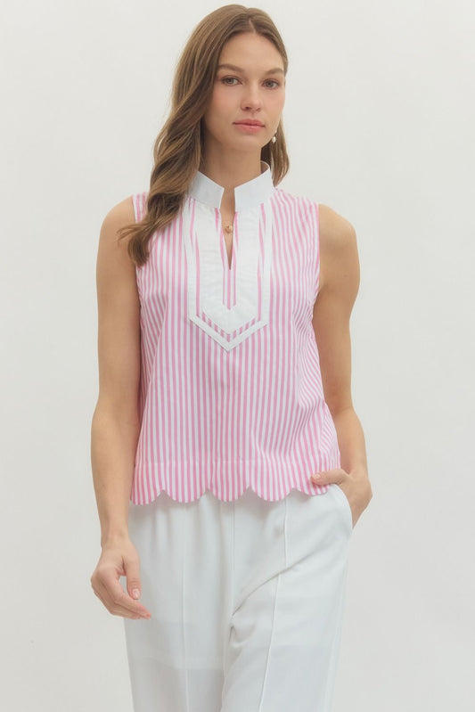 Pink Striped Sleeveless Collared Top