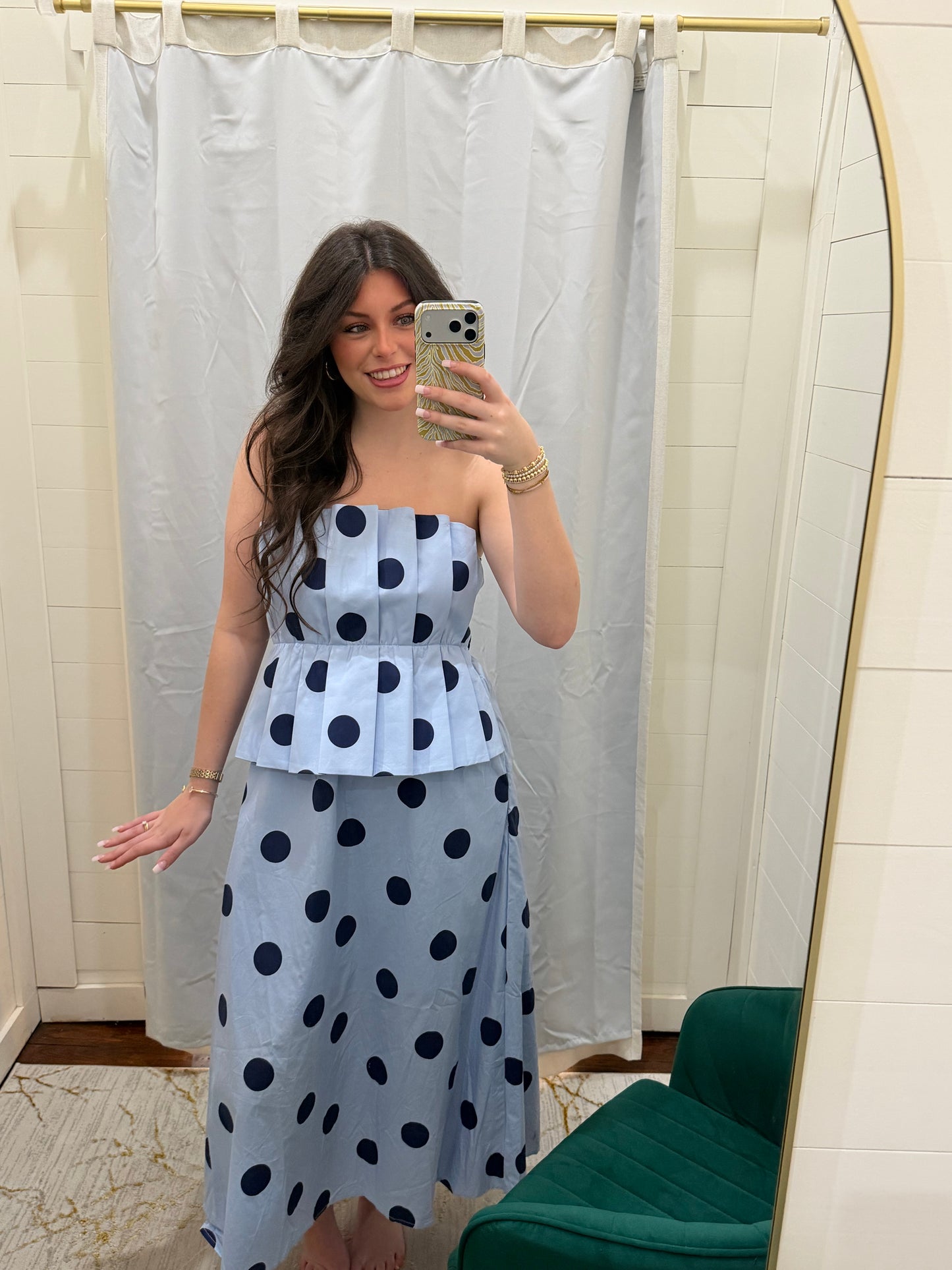 Strapless Blue And Navy Polka Dot Midi Dress