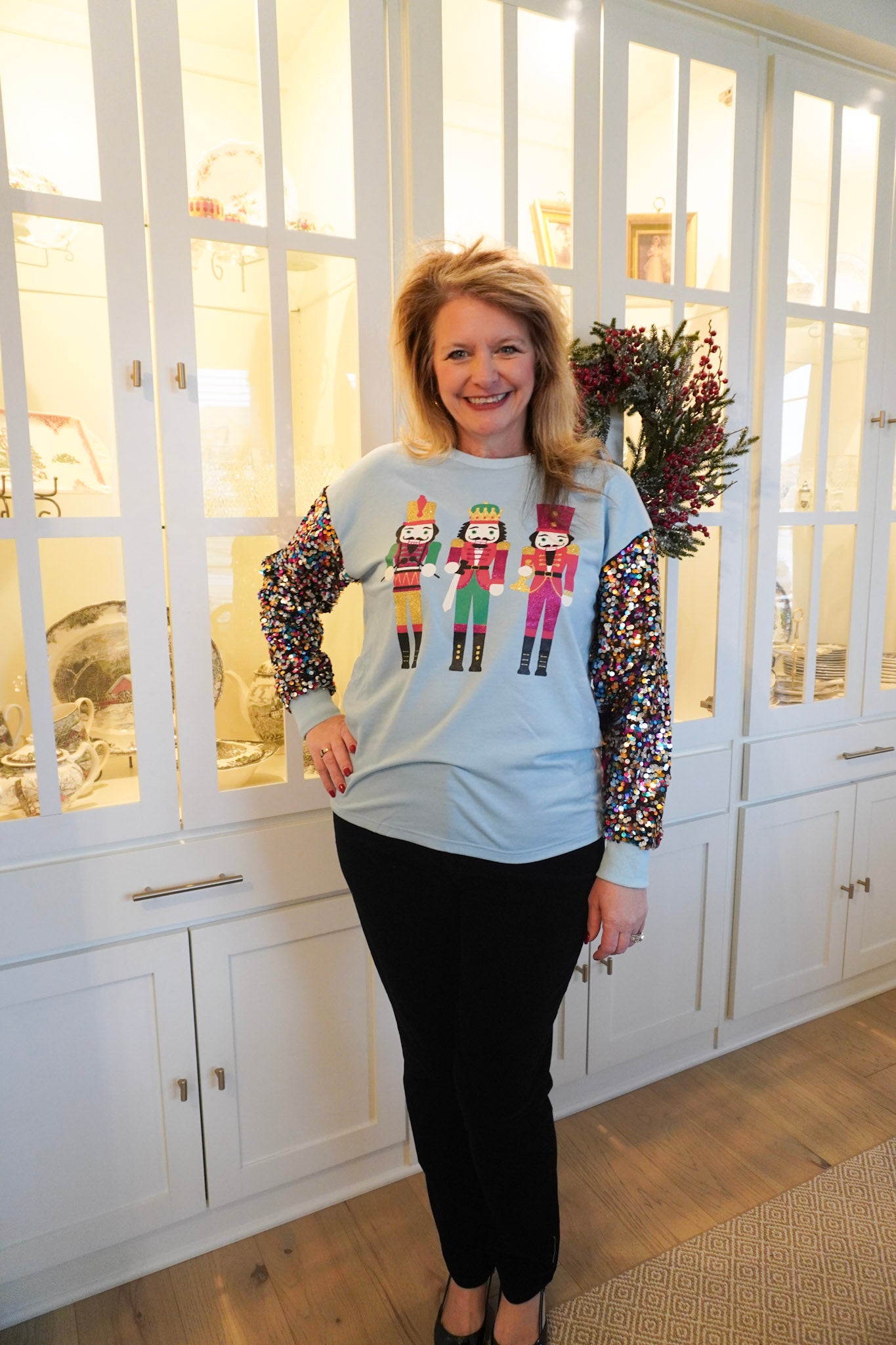 Multicolor Sequin Long Sleeve Light Blue Nutcracker Top