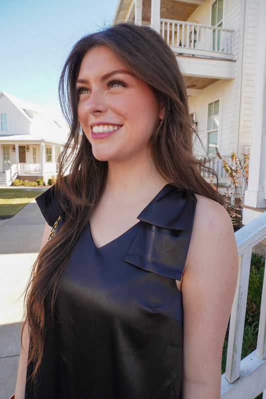 Bow Sleeve Heavy Satin Dress - Black