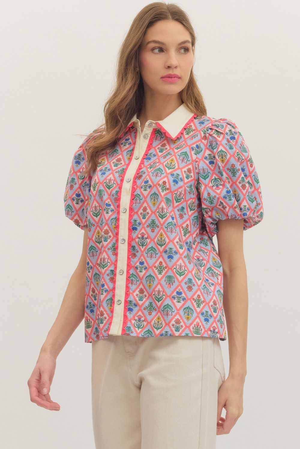 Botanical Print Puff Sleeve Top