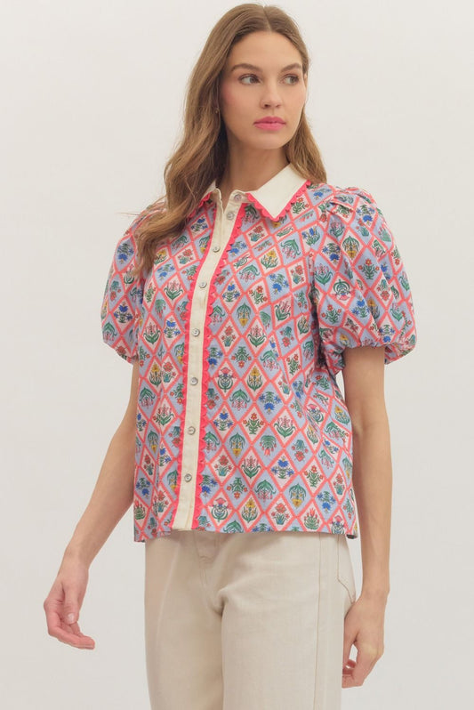 Botanical Print Puff Sleeve Top