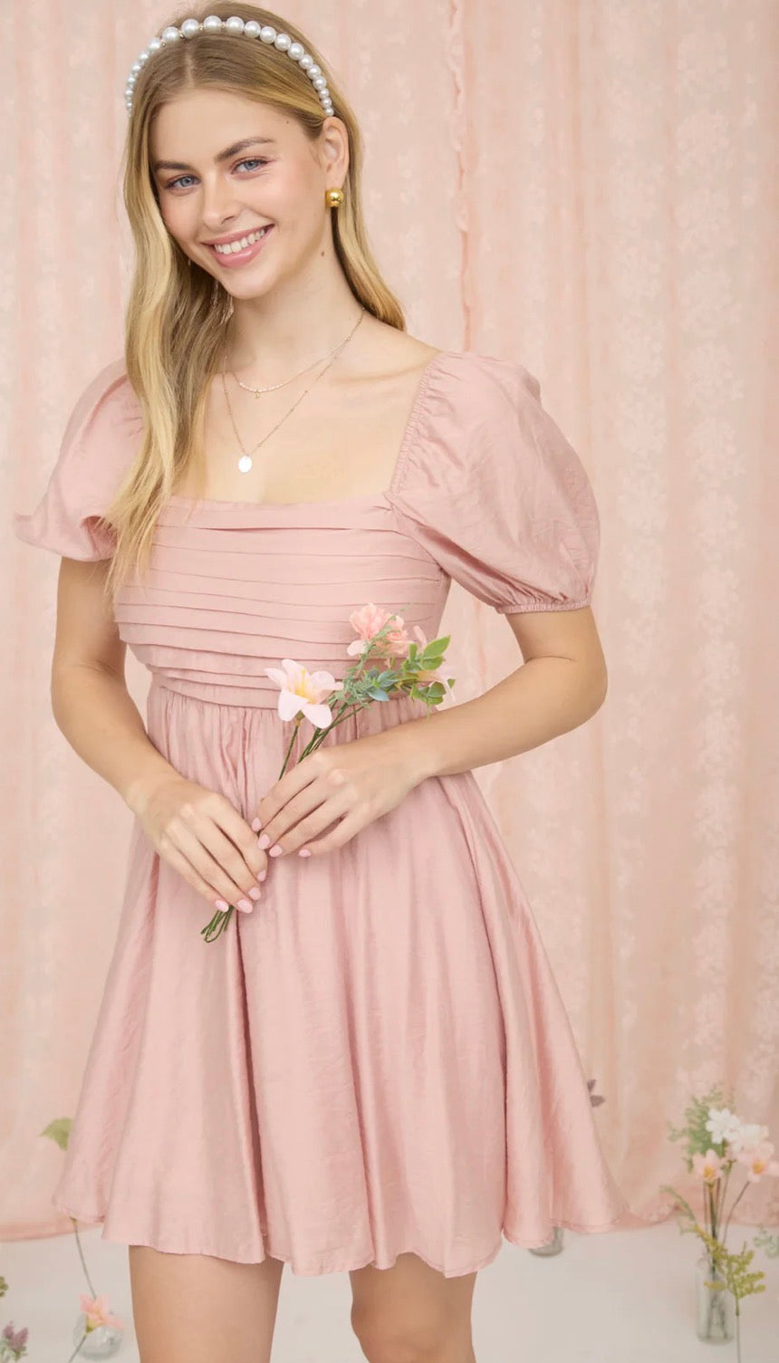 Pleated Top Puff Sleeve Mini Dress - Dusty Peach