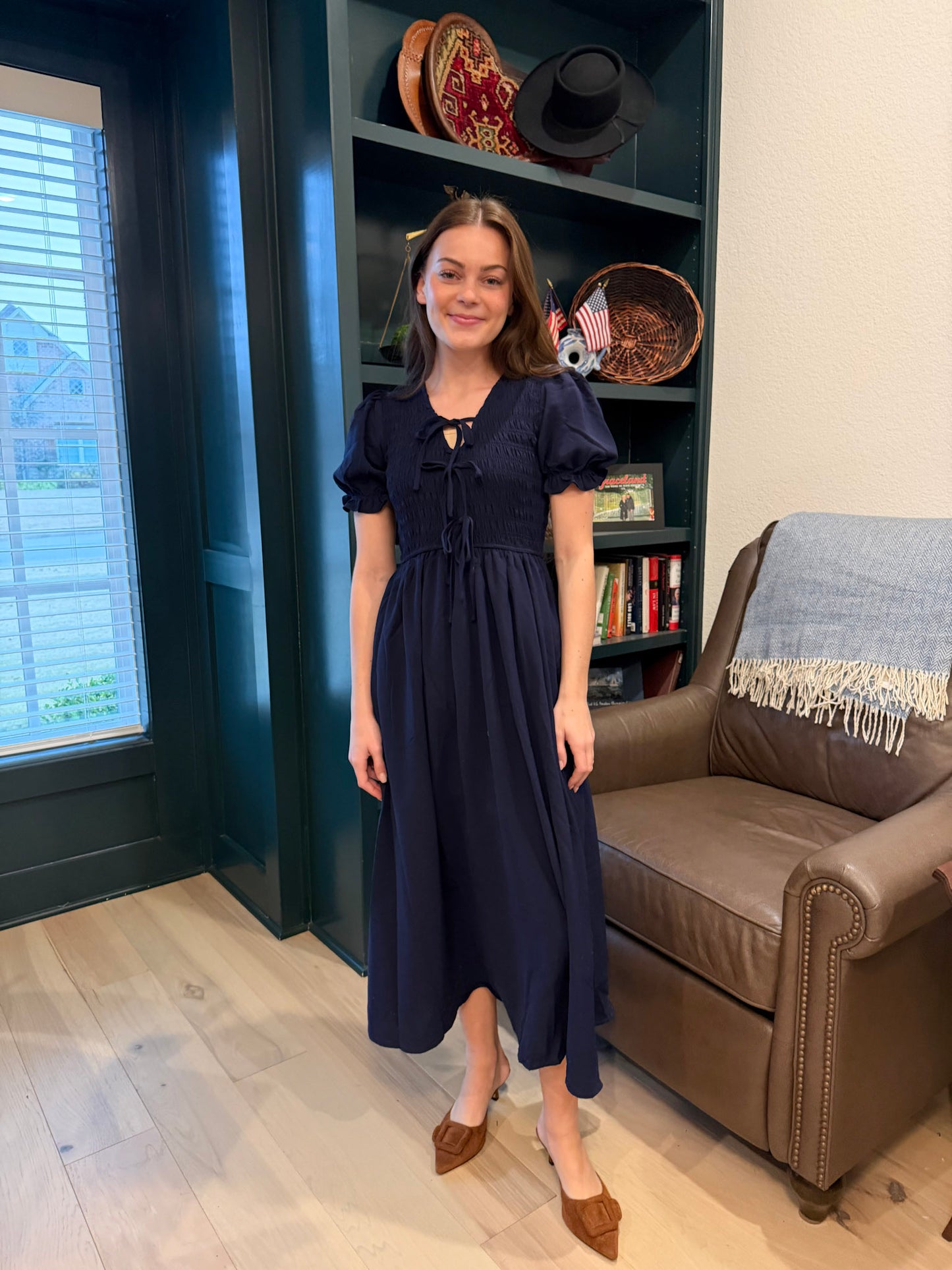 Navy V-Neck Smocked Puff Sleeve Midi Dress