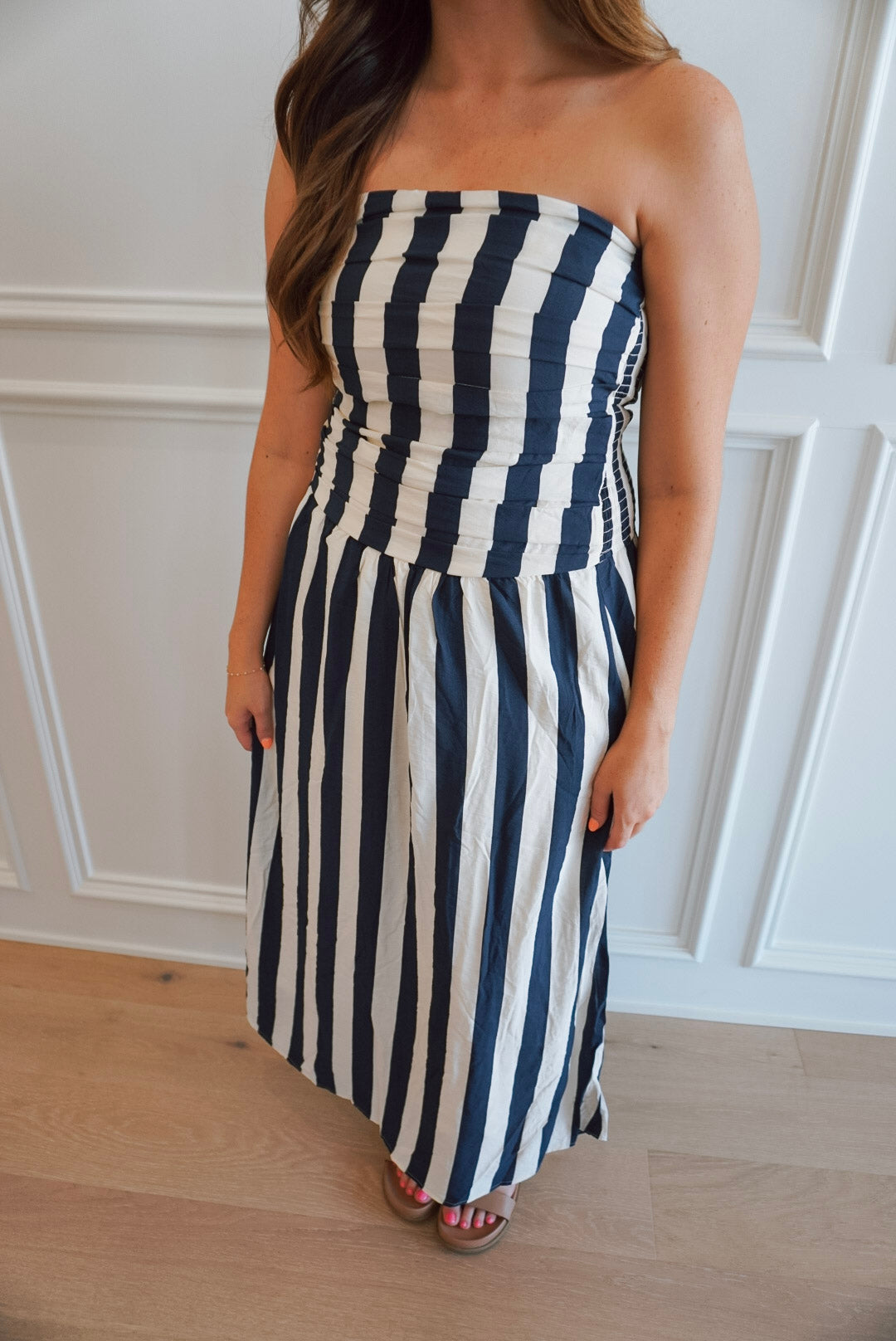 Anchor Up Vertical Stripe Drop Waist Strapless Midi Dress - Navy